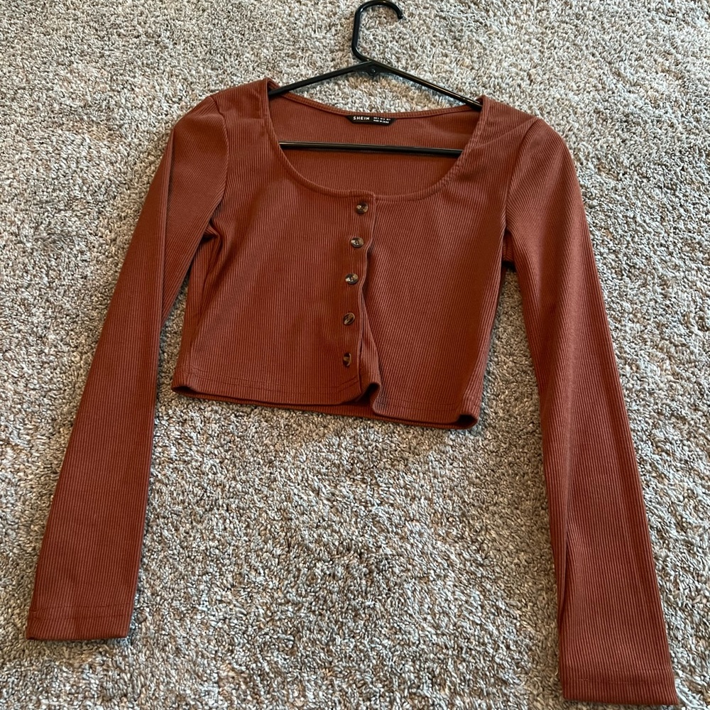 size small brown button up thin long sleeved top from shein